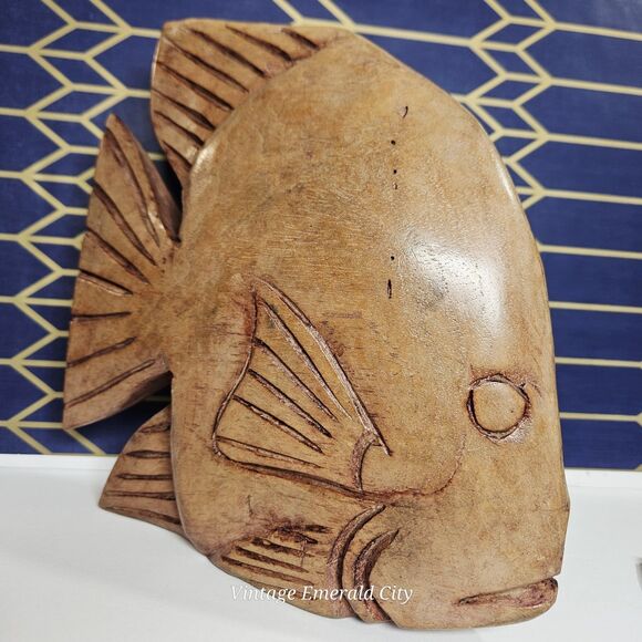 Vtg Hand Carved Cedar Wooden Fish Sculpture Mid Century Ocean Life 3D Brown Boho - Picture 3 of 12